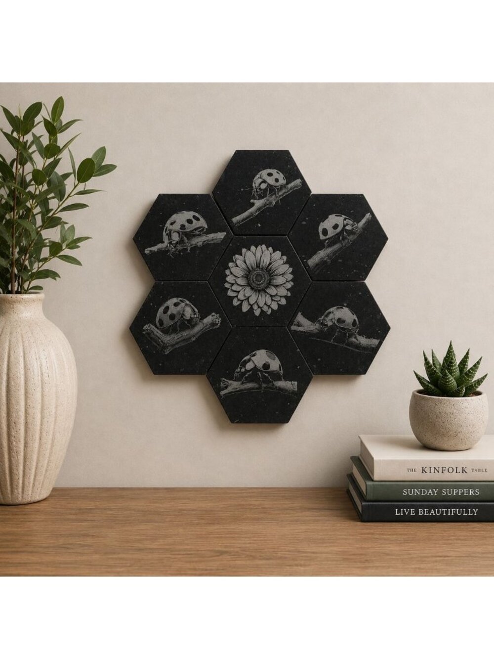 Hexagon Ladybug and Flower Tiles Set of 7 Engraved 3" Mosaic Tile